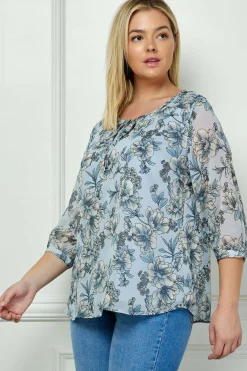 3/4 Button Cuff Sleeve Smock Shoulder Tie Neck Blouse in Blue Floral - Plus