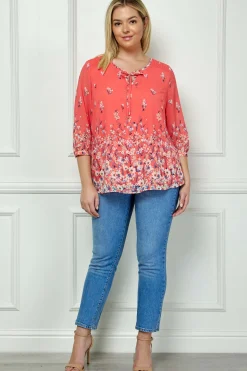 3/4 Button Cuff Sleeve Tie Neck Border Print Blouse in Coral - Plus