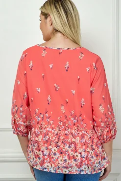 3/4 Button Cuff Sleeve Tie Neck Border Print Blouse in Coral - Plus