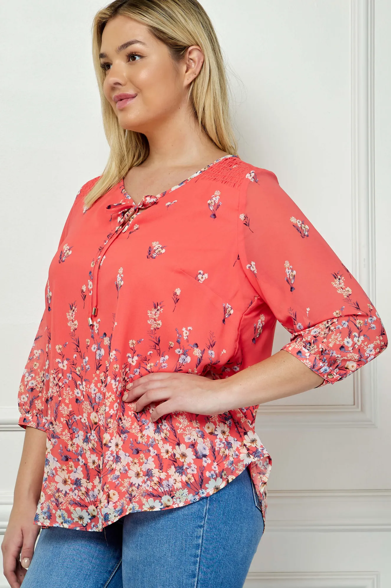 3/4 Button Cuff Sleeve Tie Neck Border Print Blouse in Coral - Plus
