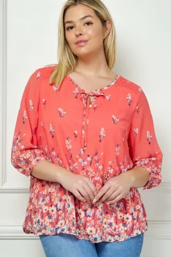 3/4 Button Cuff Sleeve Tie Neck Border Print Blouse in Coral - Plus