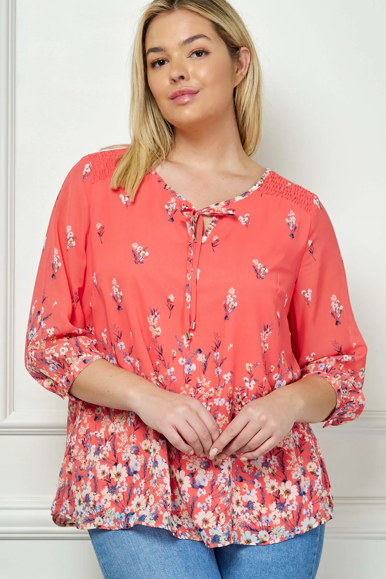 3/4 Button Cuff Sleeve Tie Neck Border Print Blouse in Coral - Plus