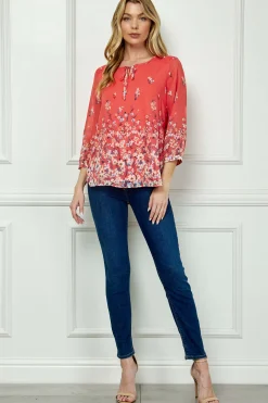 3/4 Button Cuff Sleeve Tie Neck Border Print Blouse in Coral