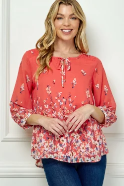 3/4 Button Cuff Sleeve Tie Neck Border Print Blouse in Coral