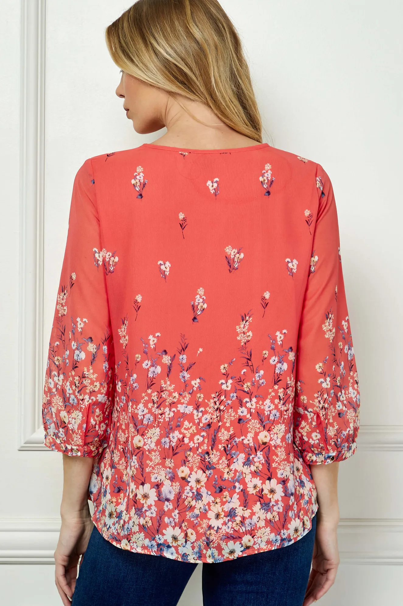 3/4 Button Cuff Sleeve Tie Neck Border Print Blouse in Coral