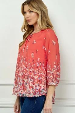 3/4 Button Cuff Sleeve Tie Neck Border Print Blouse in Coral