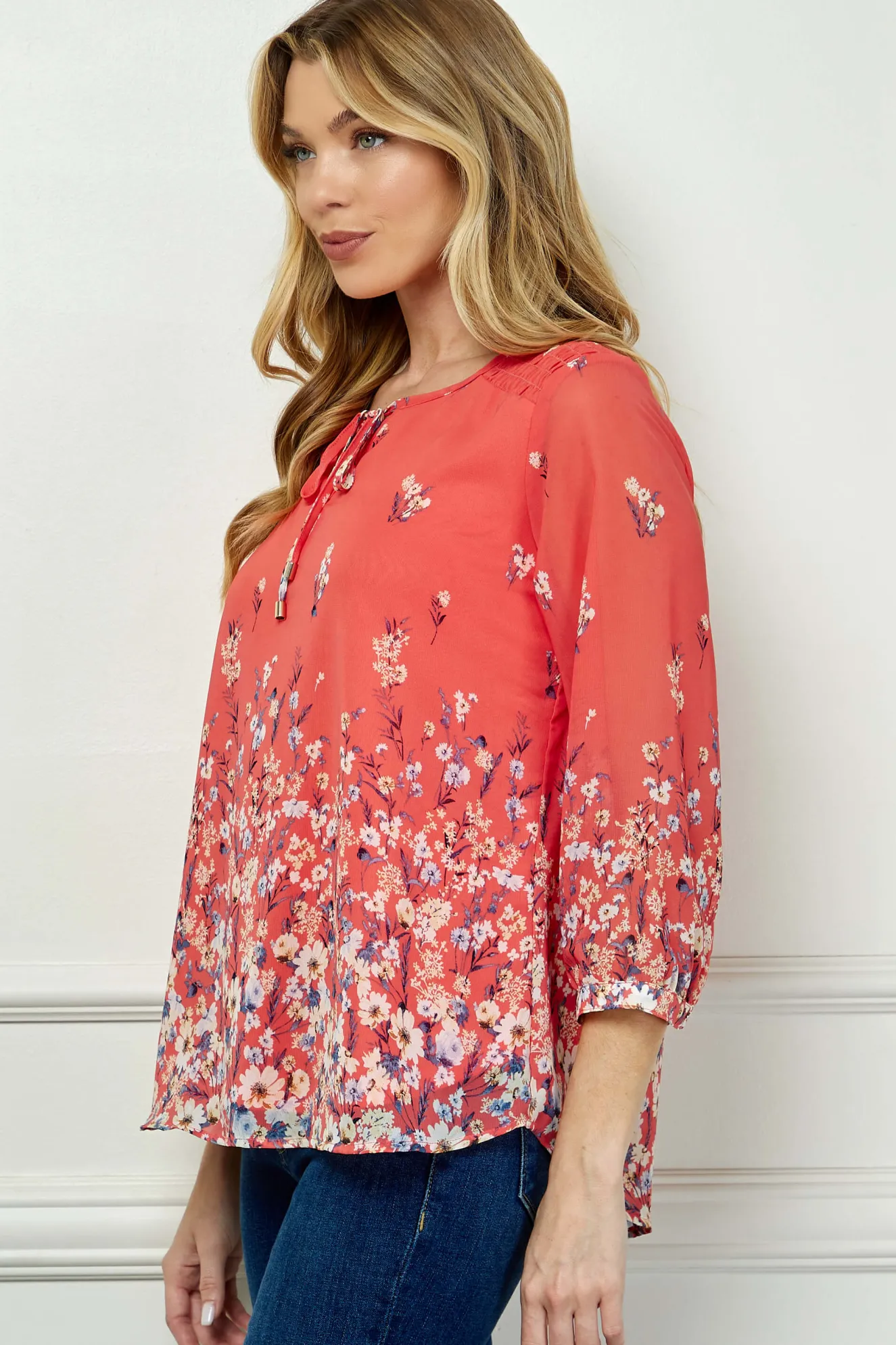 3/4 Button Cuff Sleeve Tie Neck Border Print Blouse in Coral