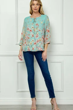 3/4 Button Cuff Smock Shoulder Tie Neck Border Print Blouse in Seafoam Petals