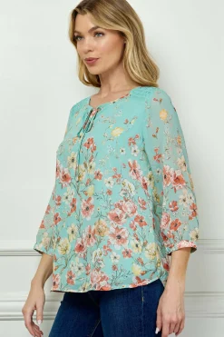 3/4 Button Cuff Smock Shoulder Tie Neck Border Print Blouse in Seafoam Petals