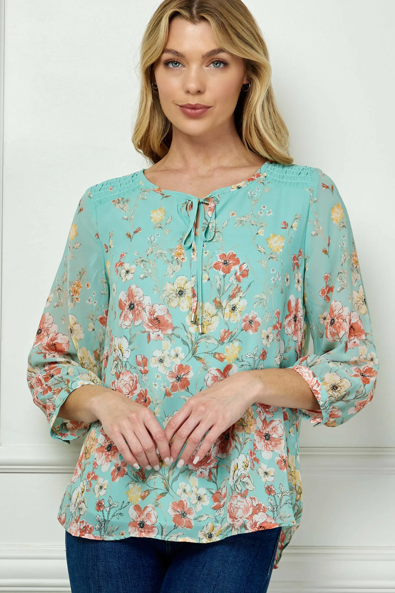 3/4 Button Cuff Smock Shoulder Tie Neck Border Print Blouse in Seafoam Petals