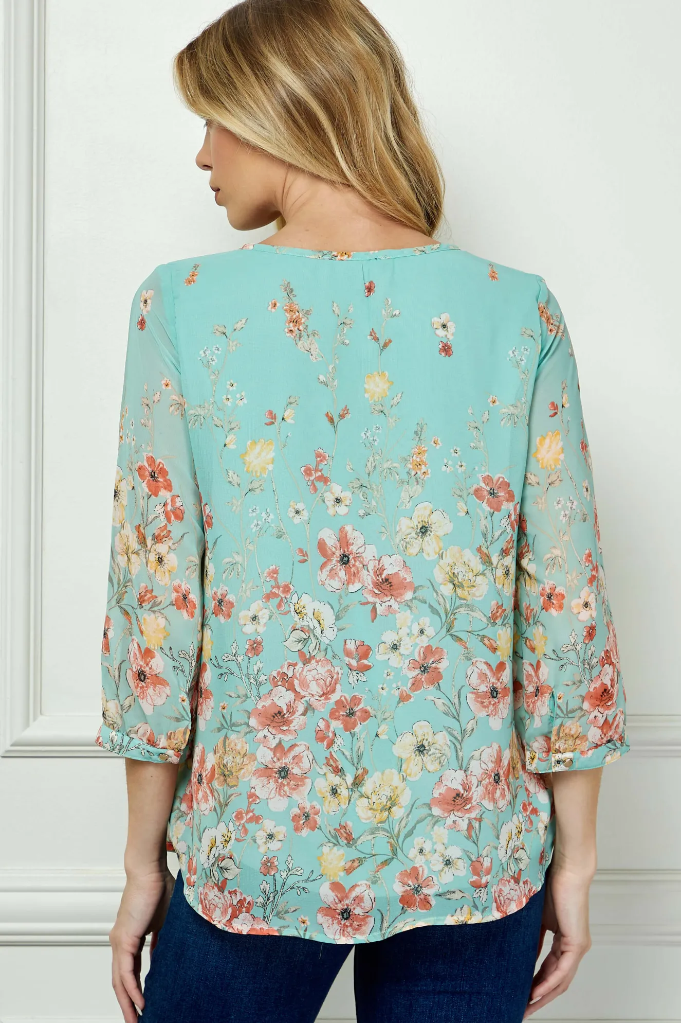 3/4 Button Cuff Smock Shoulder Tie Neck Border Print Blouse in Seafoam Petals