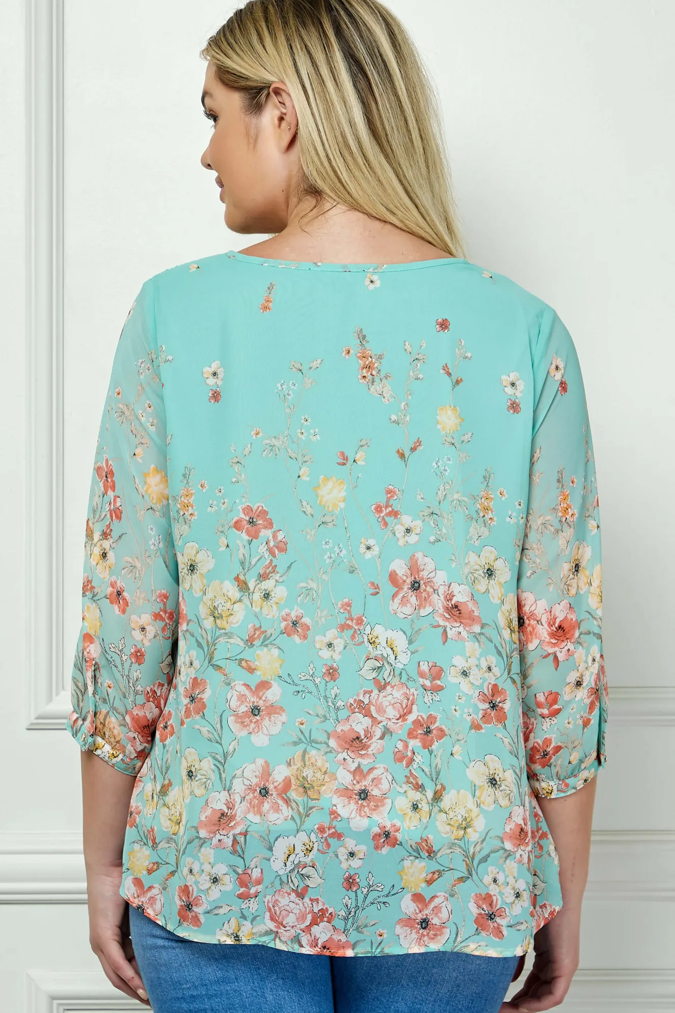 3/4 Button Cuff Smock Shoulder Tie Neck Border Print Blouse in Seafoam Petals - Plus