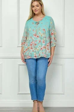 3/4 Button Cuff Smock Shoulder Tie Neck Border Print Blouse in Seafoam Petals - Plus