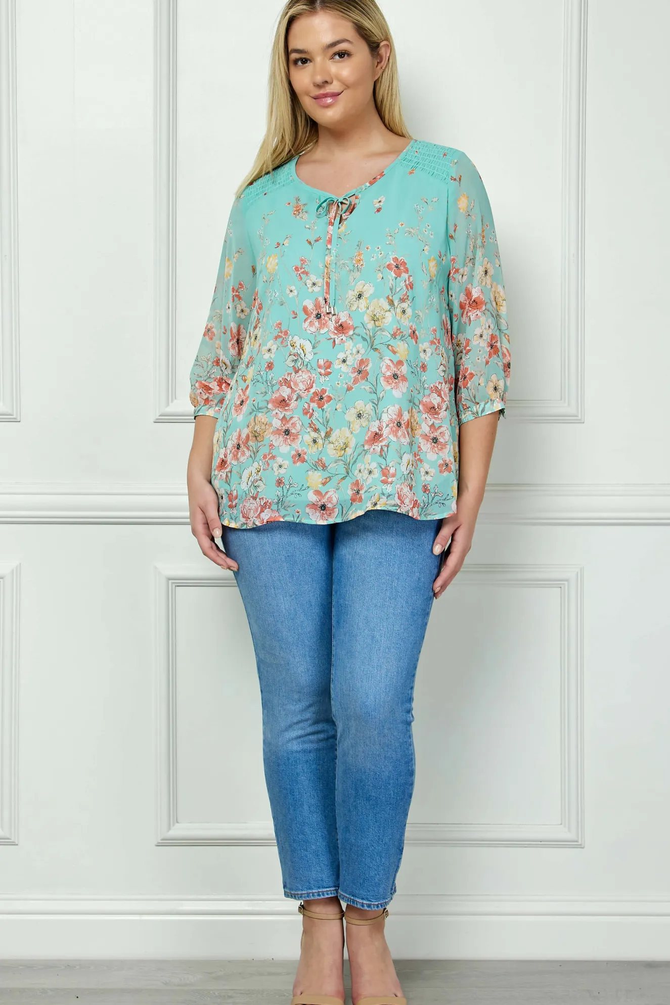 3/4 Button Cuff Smock Shoulder Tie Neck Border Print Blouse in Seafoam Petals - Plus