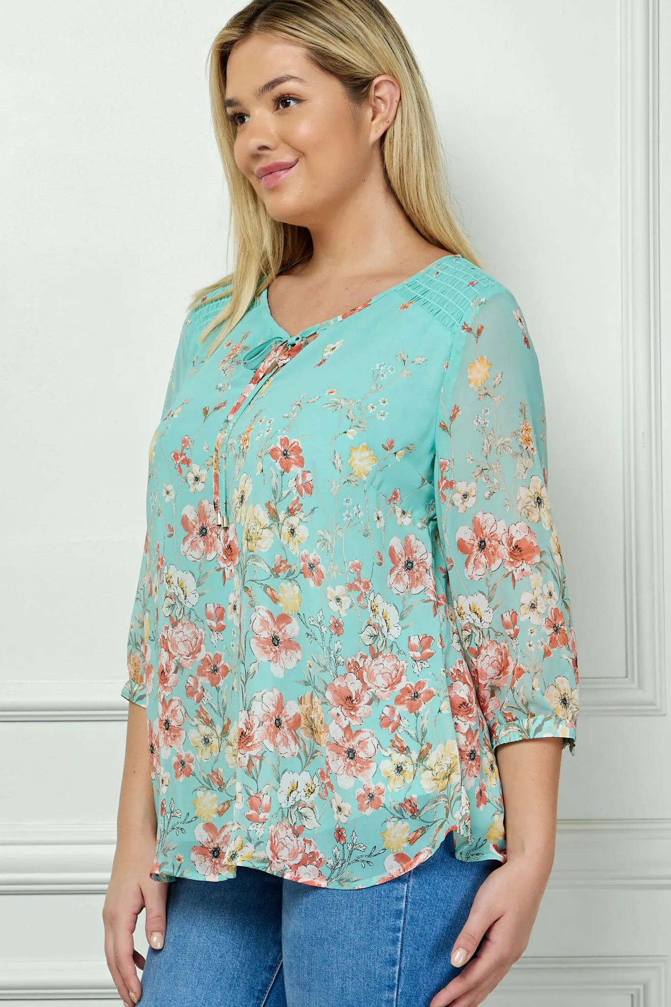 3/4 Button Cuff Smock Shoulder Tie Neck Border Print Blouse in Seafoam Petals - Plus