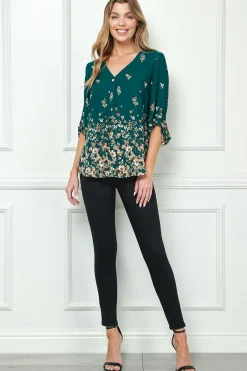 3/4 Button Tab Sleeve Big Button V-Neck Border Print Popover Blouse in Hunter Green