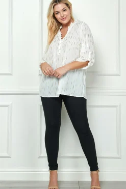 3/4 Button Tab Sleeve Covered Button + Loop on V-Neck Popover Rain Foil Print Blouse in Ivory - Plus