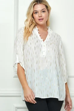 3/4 Button Tab Sleeve Covered Button + Loop on V-Neck Popover Rain Foil Print Blouse in Ivory - Plus