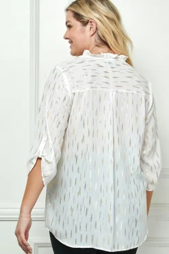 3/4 Button Tab Sleeve Covered Button + Loop on V-Neck Popover Rain Foil Print Blouse in Ivory - Plus