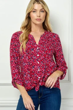 3/4 Button Tab Sleeve Pintuck Tie Front Blouse in Red