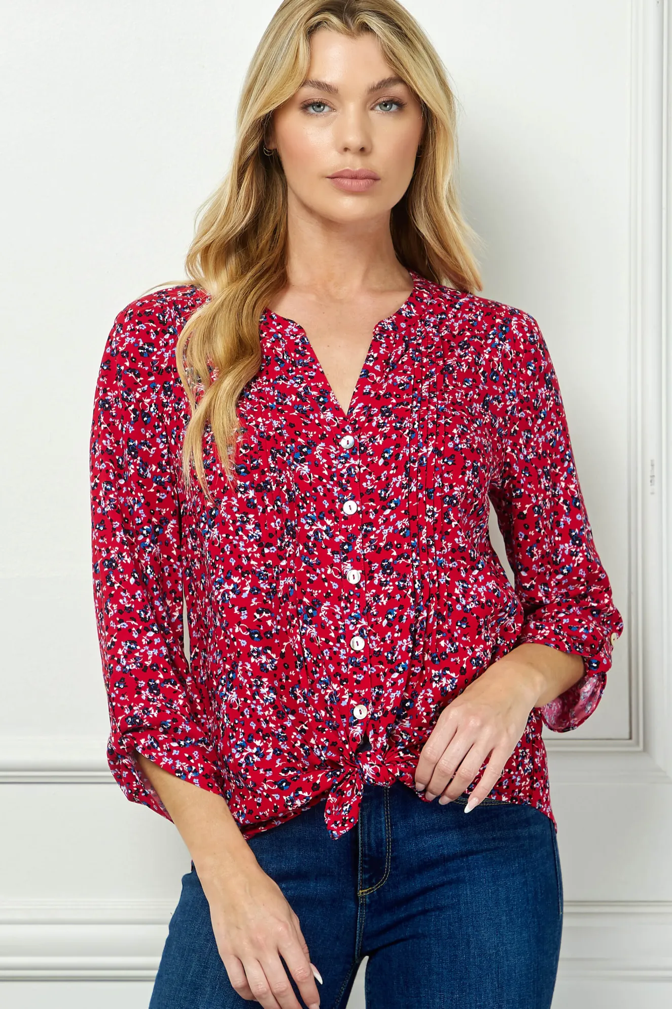 3/4 Button Tab Sleeve Pintuck Tie Front Blouse in Red