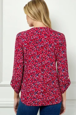 3/4 Button Tab Sleeve Pintuck Tie Front Blouse in Red