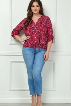 3/4 Button Tab Sleeve Pintuck Tie Front Blouse in Red - Plus