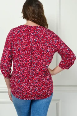 3/4 Button Tab Sleeve Pintuck Tie Front Blouse in Red - Plus