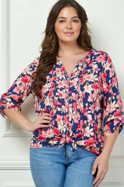 3/4 Button Tab Sleeve Pintuck Tie Front Blouse in Navy/Coral - Plus