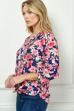 3/4 Button Tab Sleeve Pintuck Tie Front Blouse in Navy/Coral
