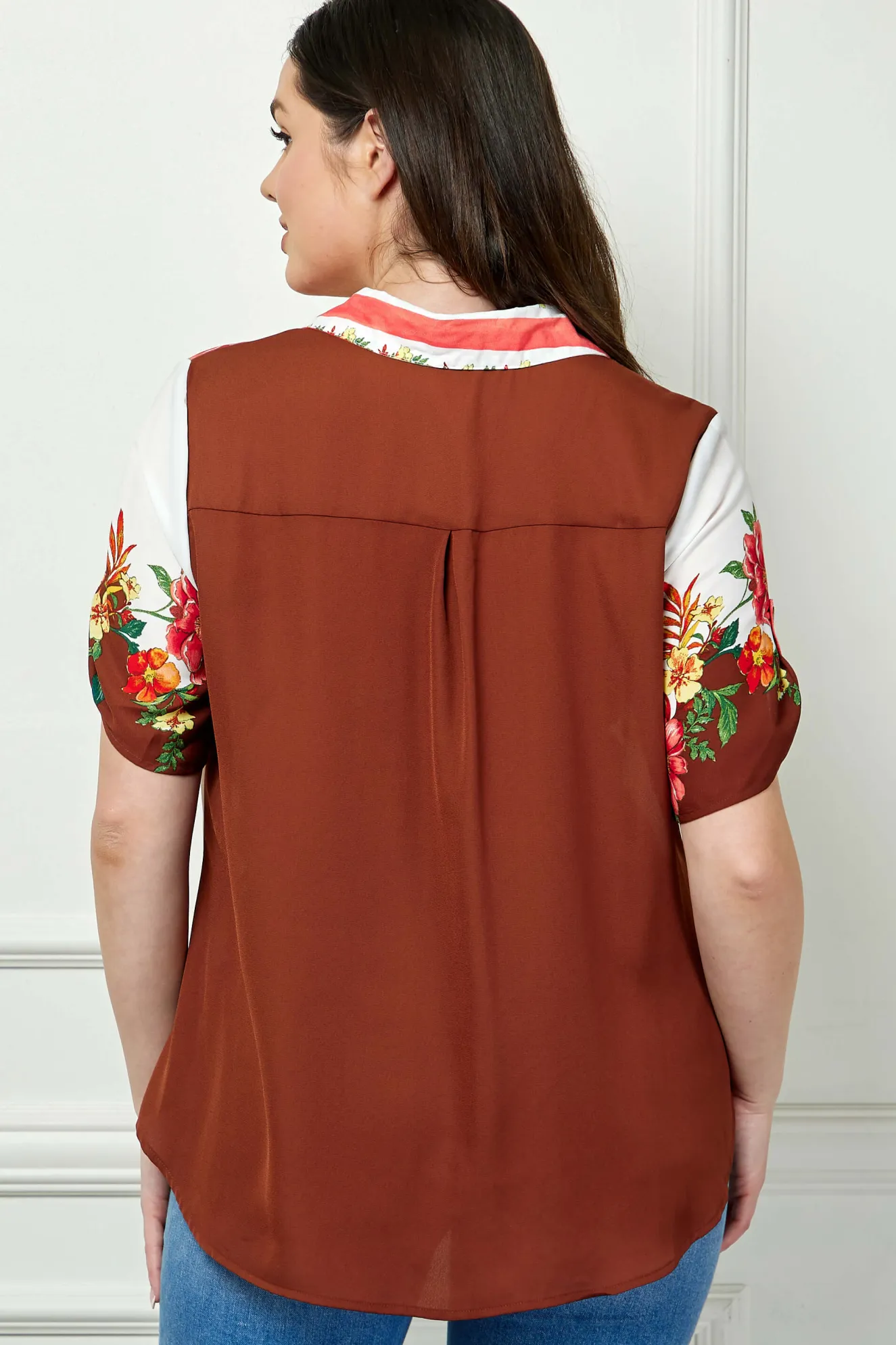 Button Tab Sleeve Tie-Front Print Blouse in Brown/Ivory/Red - Plus