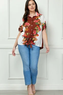 Button Tab Sleeve Tie-Front Print Blouse in Brown/Ivory/Red - Plus