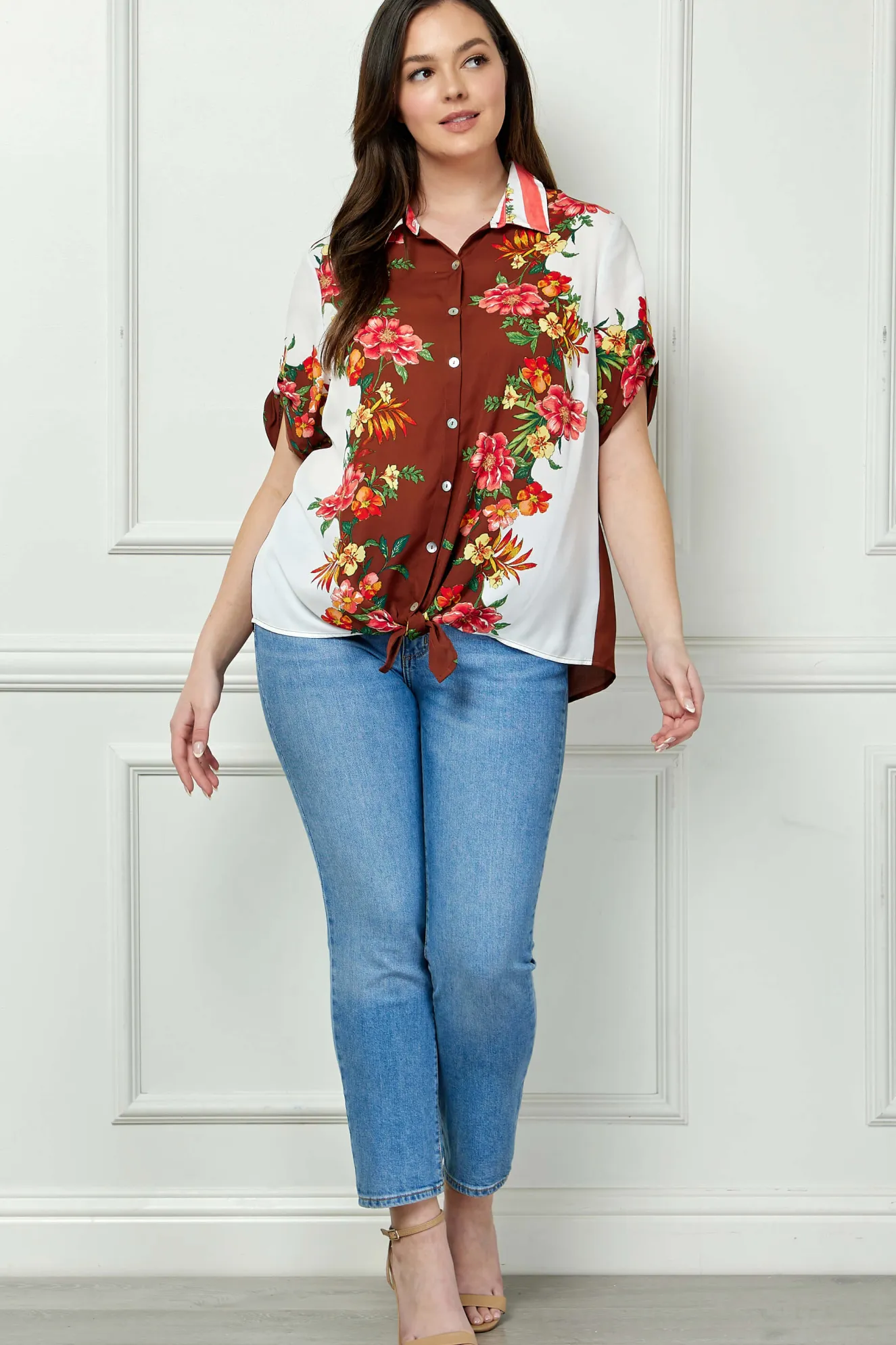 Button Tab Sleeve Tie-Front Print Blouse in Brown/Ivory/Red - Plus