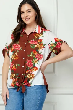 Button Tab Sleeve Tie-Front Print Blouse in Brown/Ivory/Red - Plus