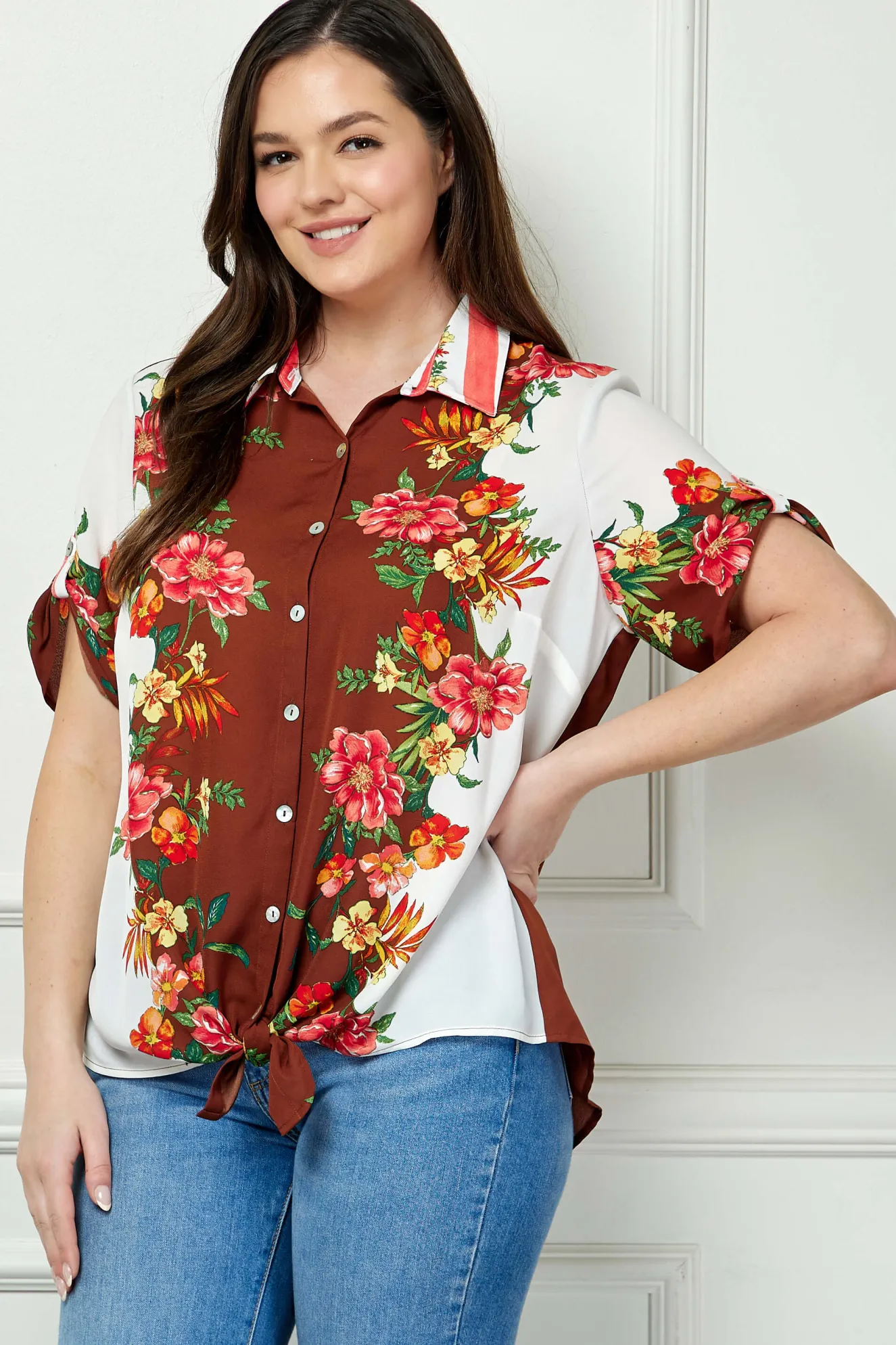 Button Tab Sleeve Tie-Front Print Blouse in Brown/Ivory/Red - Plus