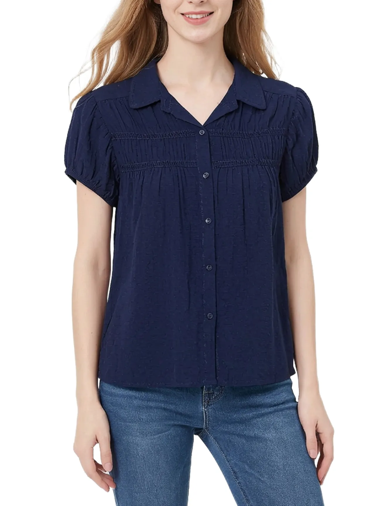 Cap Sleeve Ruched Yoke Blouse