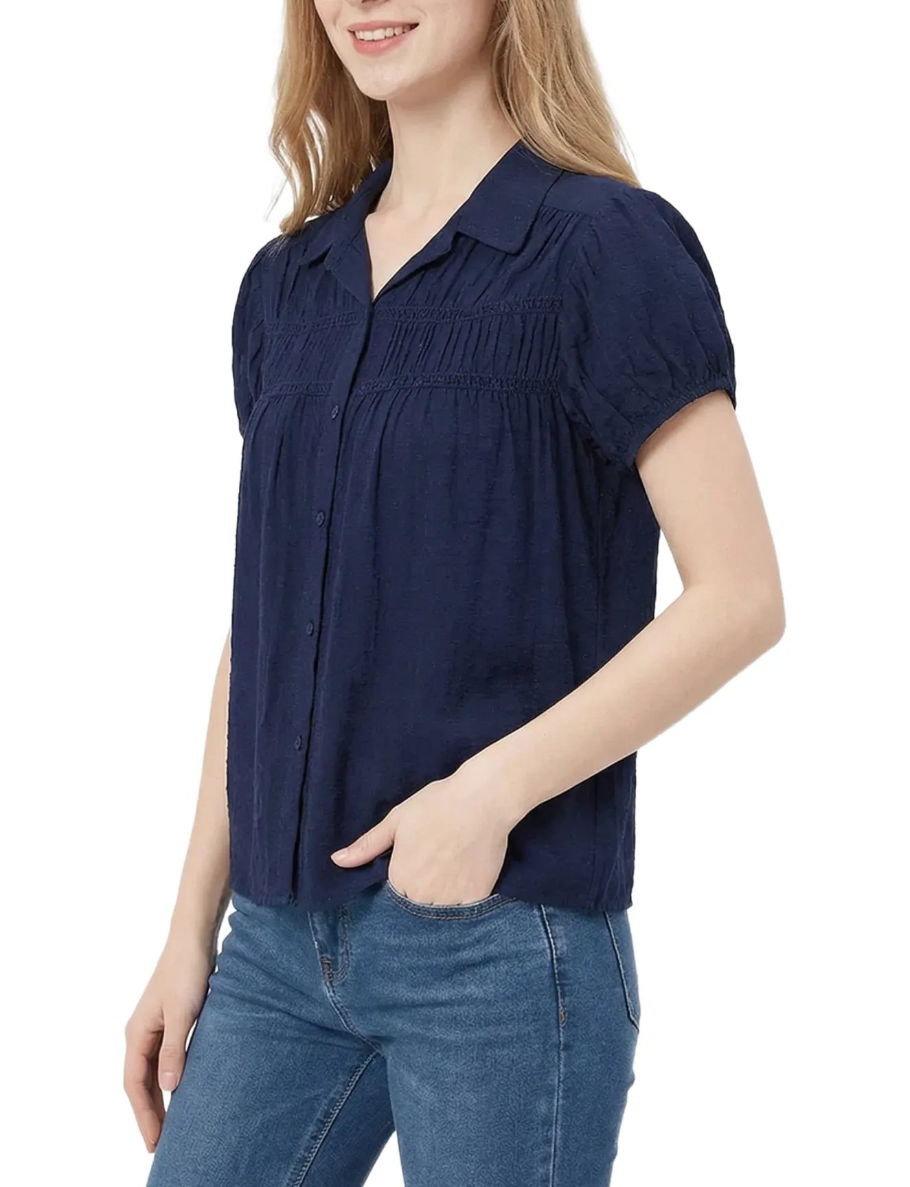 Cap Sleeve Ruched Yoke Blouse