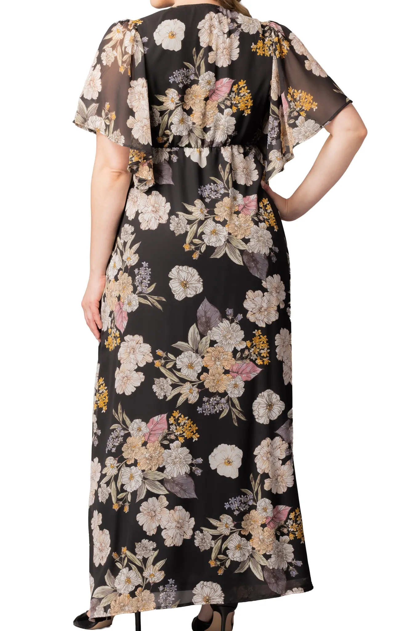 Carmella Flutter Sleeve Gown-Midnight Peony Print -Plus