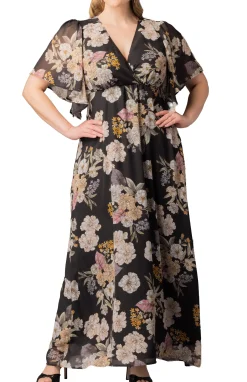 Carmella Flutter Sleeve Gown-Midnight Peony Print -Plus