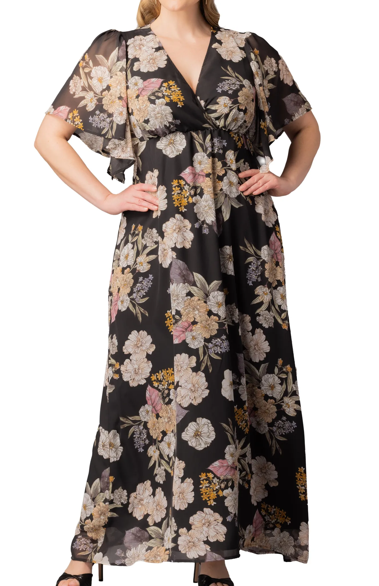 Carmella Flutter Sleeve Gown-Midnight Peony Print -Plus
