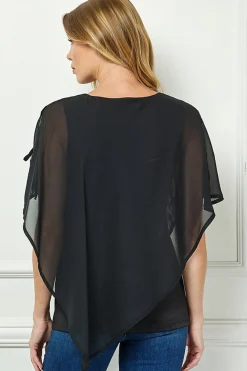 Cold Shoulder Tie Sleeve Poncho with V-neck Tank Blouse - Black