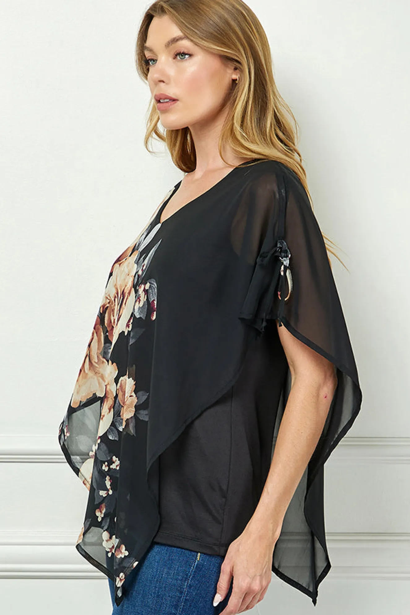 Cold Shoulder Tie Sleeve Poncho with V-neck Tank Blouse - Black