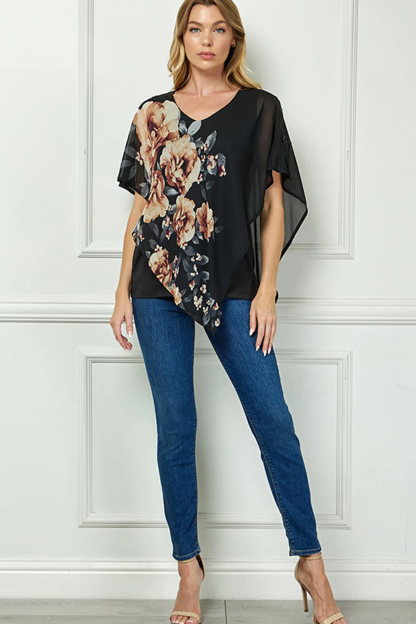 Cold Shoulder Tie Sleeve Poncho with V-neck Tank Blouse - Black
