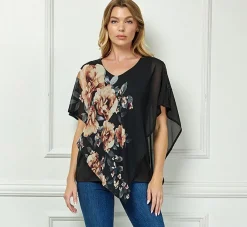 Cold Shoulder Tie Sleeve Poncho with V-neck Tank Blouse - Black