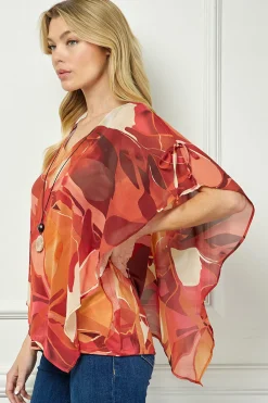 Cold Shoulder V-Neck Hanky Hem Poncho Top in Ivory/Marigold/Orange