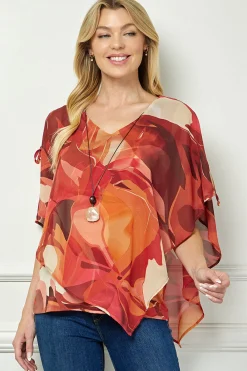 Cold Shoulder V-Neck Hanky Hem Poncho Top in Ivory/Marigold/Orange