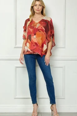 Cold Shoulder V-Neck Hanky Hem Poncho Top in Ivory/Marigold/Orange
