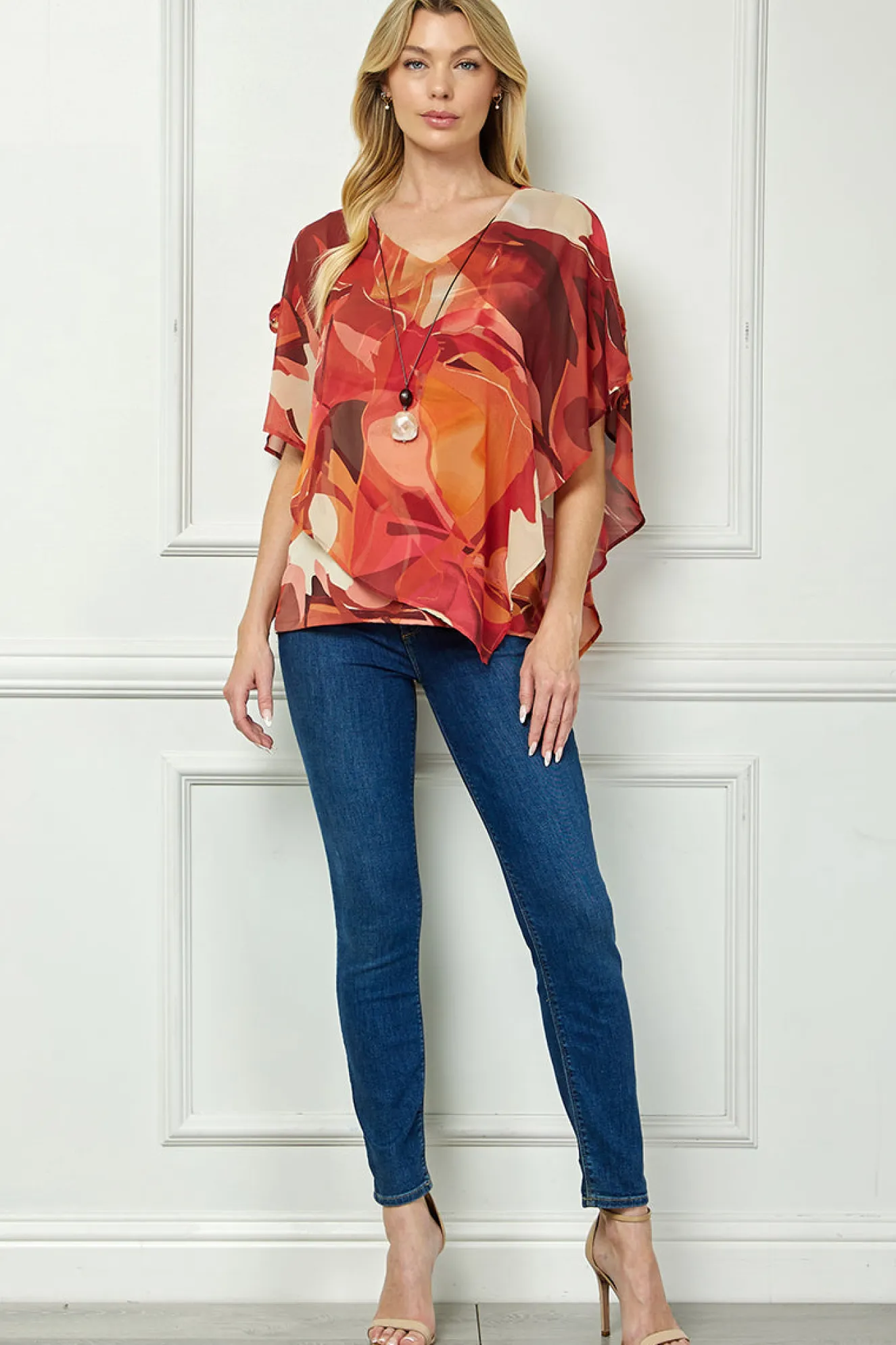 Cold Shoulder V-Neck Hanky Hem Poncho Top in Ivory/Marigold/Orange