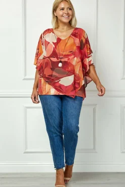 Cold Shoulder V-Neck Hanky Hem Poncho Top in Ivory/Marigold/Orange - Plus