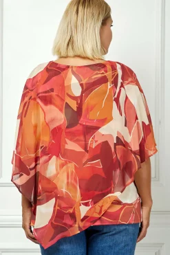 Cold Shoulder V-Neck Hanky Hem Poncho Top in Ivory/Marigold/Orange - Plus